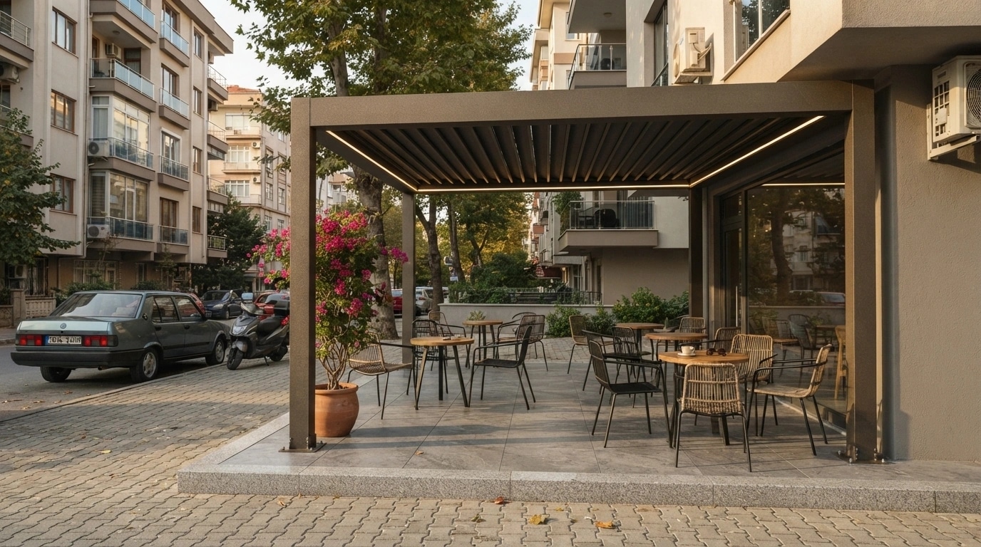 Kuşadası'nda villa terasına kurulmuş dönen kanatlı bioklimatik pergola