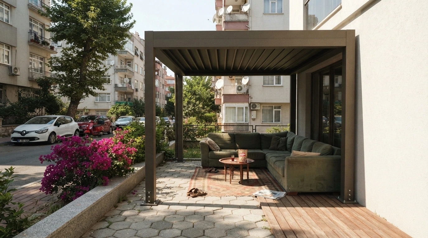 Deniz manzaralı terasta açık konumdaki bioklimatik pergola