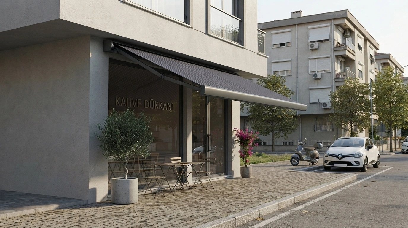 Kuşadası'nda kafe cephesine monte edilmiş tam kasetli tente