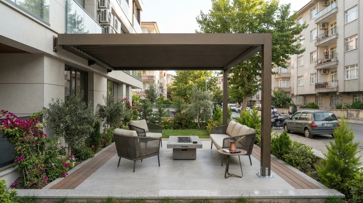 Kuşadası Marina yakınında restoran avlusuna kurulmuş rollingroof pergola