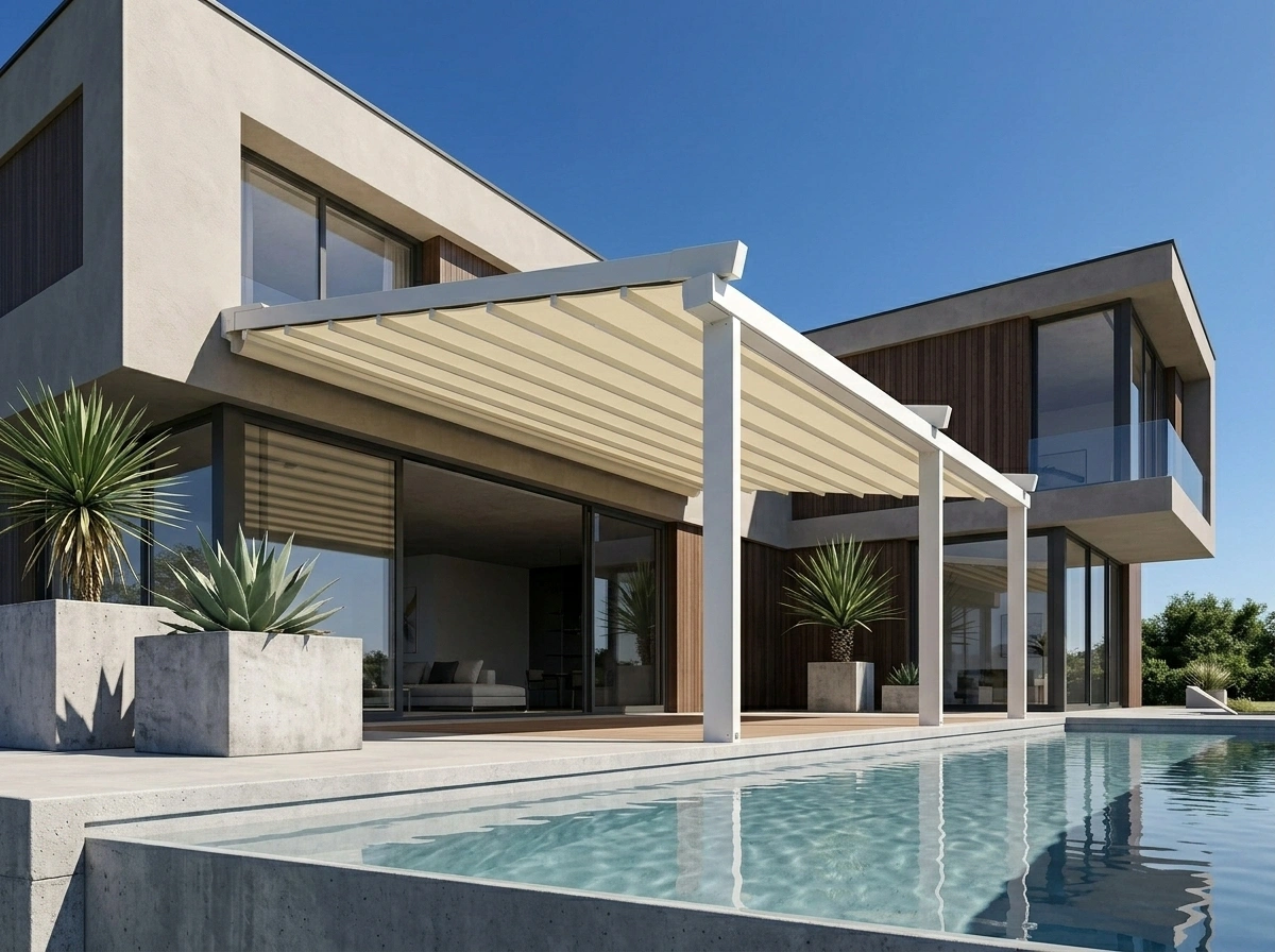 Long Beach'te beach club oturma alanına kurulmuş motorlu otomatik pergola