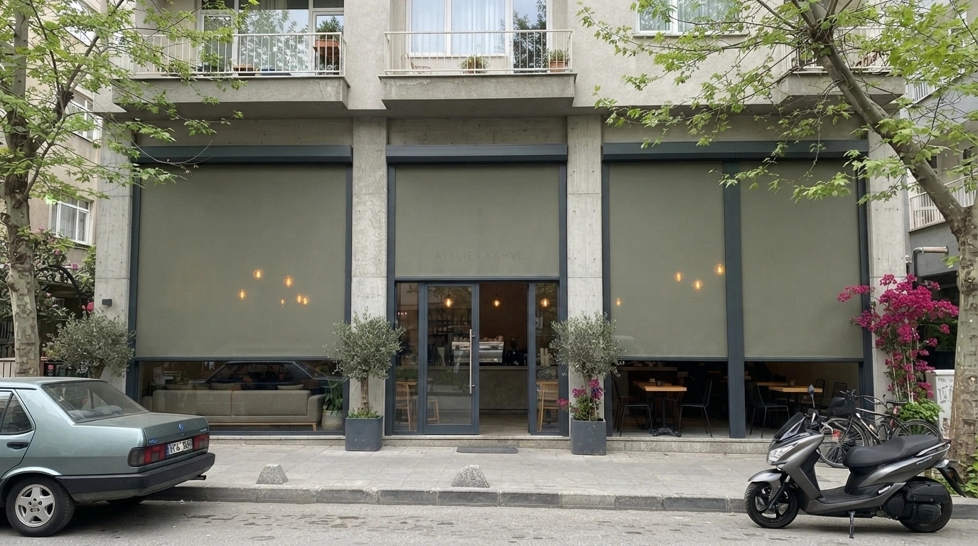 Güzelçamlı'da sahil kafesine uygulanmış raylı zip perde sistemi