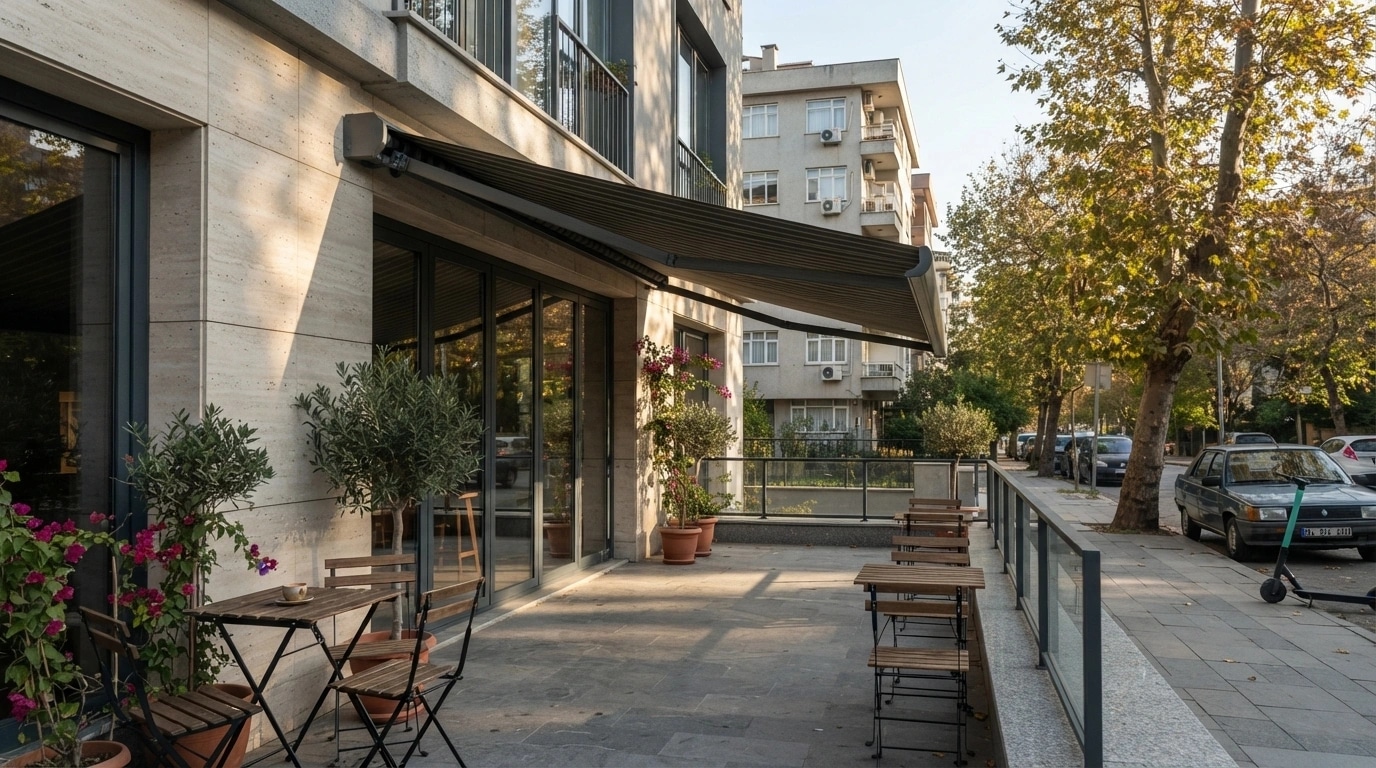 Camikebir'de butik otel cephesine monte edilmiş kasetli tente