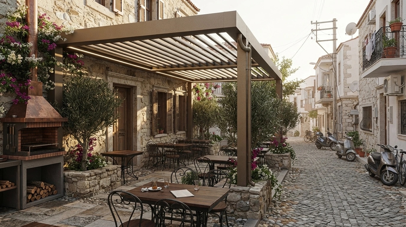 Restoran avlusunda kolonsuz açıklık geçen rollingroof pergola
