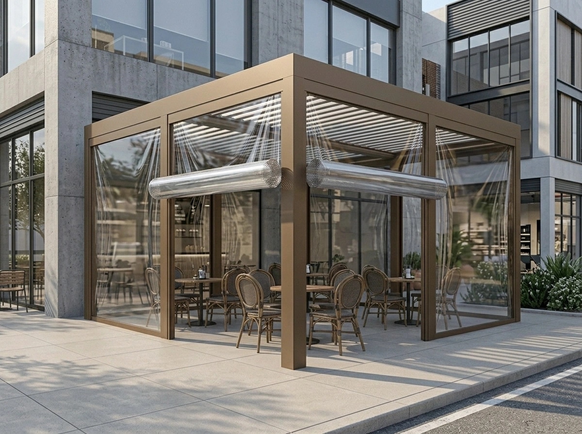 Kış aylarında kapatılmış restoran terası ve şeffaf branda cephesi