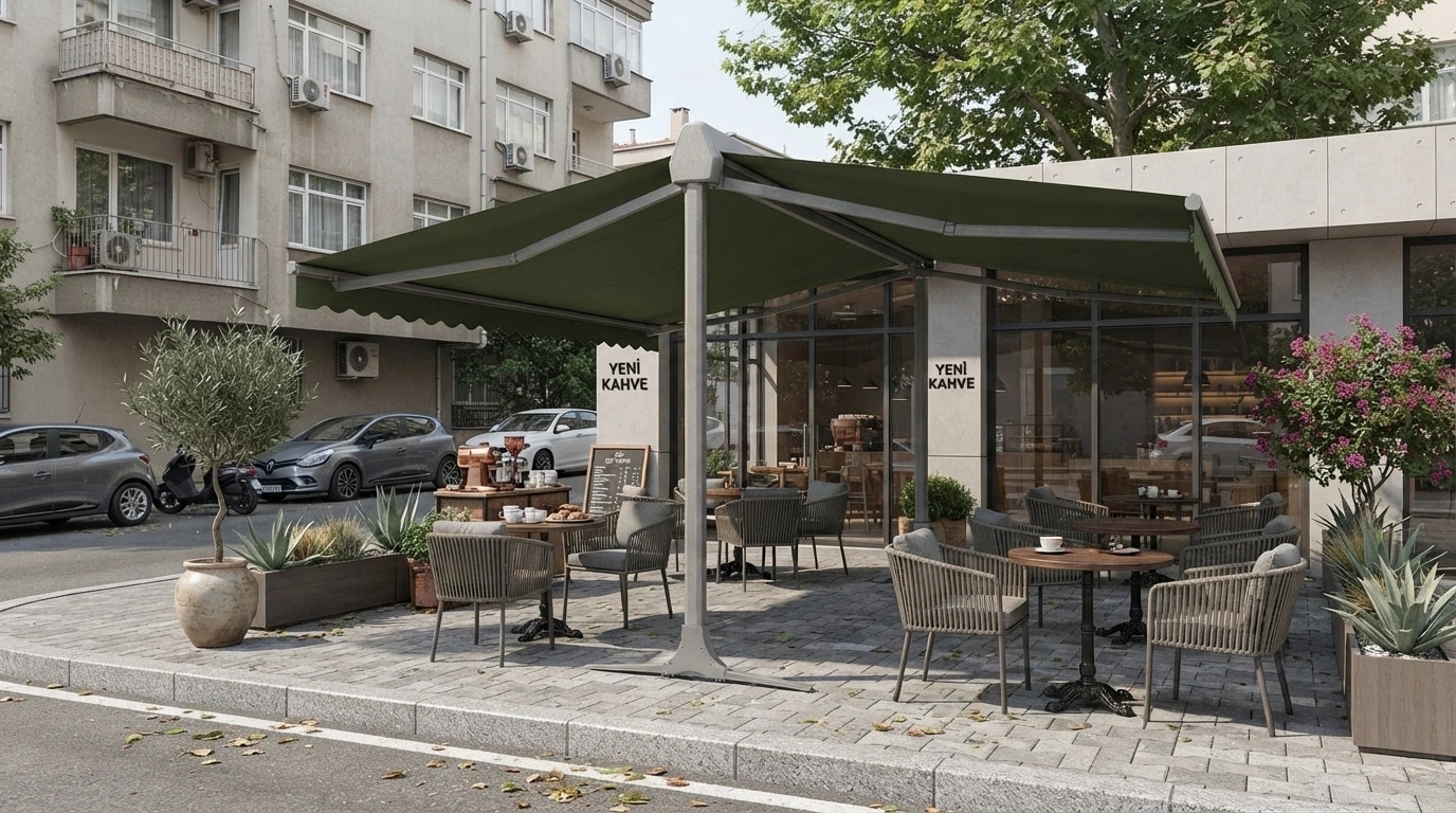 Çift taraflı açılan T model tente ile gölgelenen oturma alanı