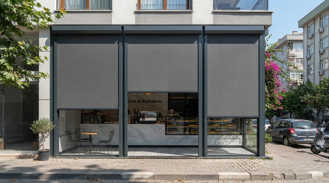 Kuşadası sahilinde kafe cephesine uygulanmış şeffaf zip perde