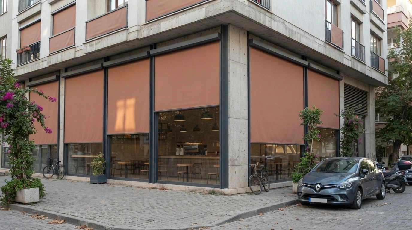 Pergola kolon arasına monte edilmiş motorlu zip perde